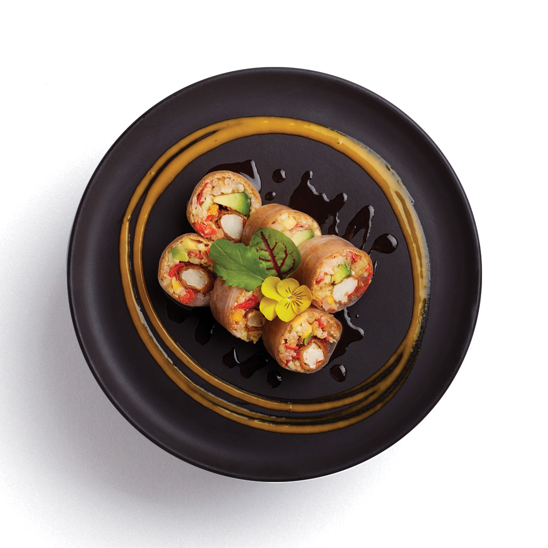 Rice paper, avocado, vegan shrimp, shiba zuke, mango, cucumber, Inari sweet tofu, yuzu-basil sauce (6 pieces)